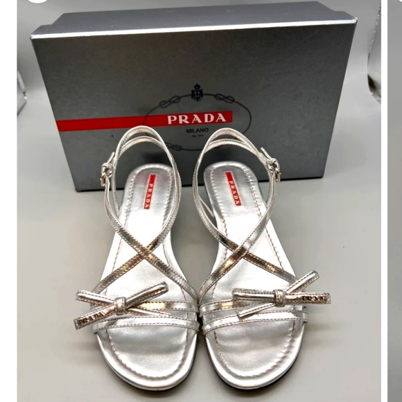Prada Shoes - Prada Silver Wedge Sandals NWB Size 37